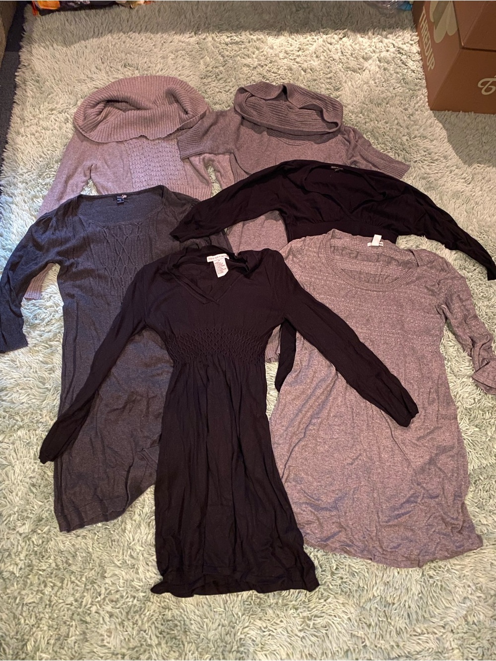 Bundle of 6 Women’s Sweater Dresses/Tunics- Greys and Black, size Medium